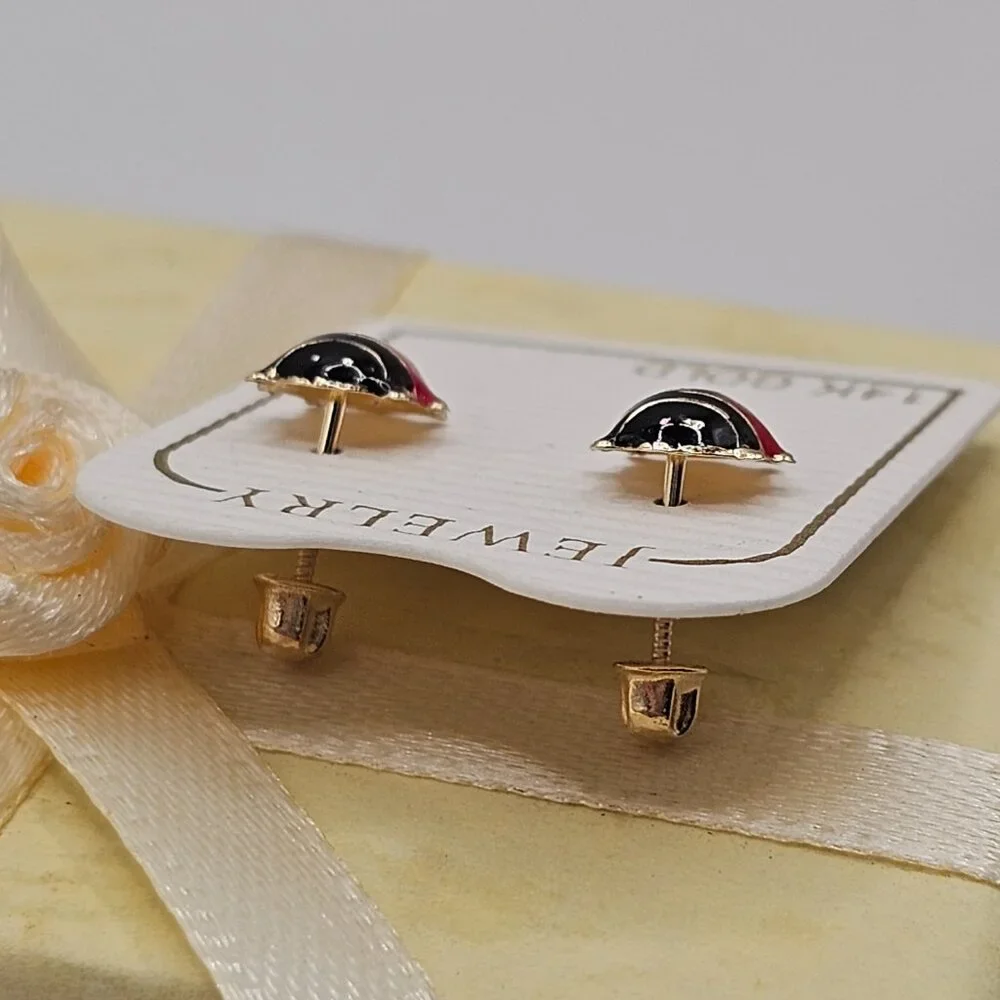 14KT Gold Ladybug Enamel Stud Screw Back Earrings 8mm